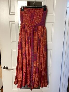 Wevez Boho Strapless smocked Wide Leg Jumpsuit in Red and Pink